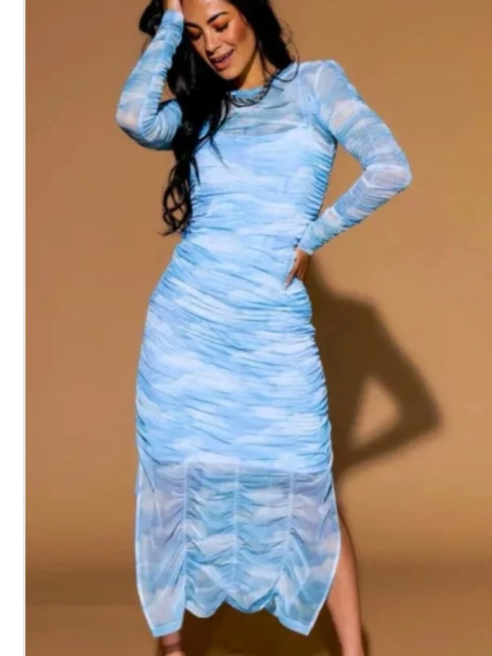 Dressed in LALA Sky Blue Clouds Ruched Mesh Midi Dress Queen of the World sz XL